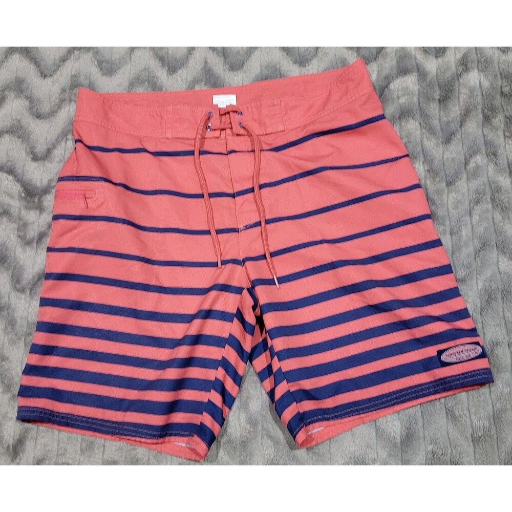 Vineyard Vines Mens Size 34 Melon Blue Striped Board Beach Swim Shorts